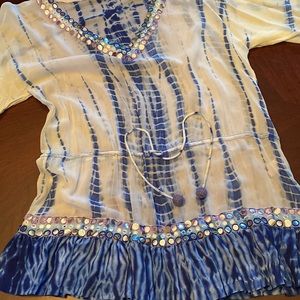 Boston Proper Tye Dye Mirrored Tunic.  Size-L Color-Blue, yellow, white VGUC